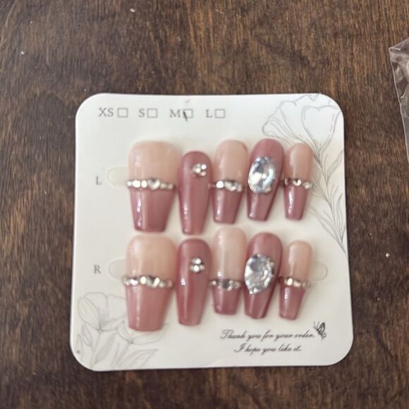 Elegant Pink and Nude Press-On Nails with Rhinestones & Gems Art Set - Picture 1 of 6